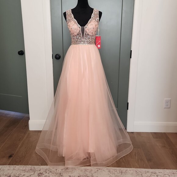Embellished Deep V-neck A-line Gown in Blush - Picture 1 of 5